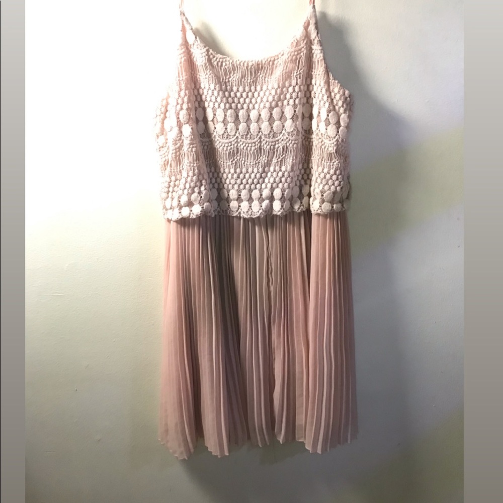 Blush Fit & Flare Pleated  Dress with Knit overlay